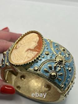 Amedeo Cameo lady gold tone blue enamel wide ornate clamper bracelet vintage