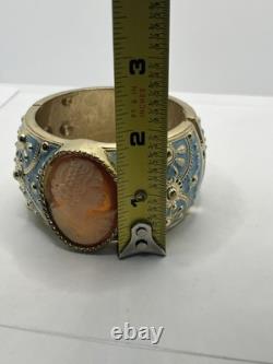 Amedeo Cameo lady gold tone blue enamel wide ornate clamper bracelet vintage