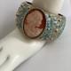 Amedeo Nyc Carved Shell Cameo Cuff Hinged Bracelet Gold Tone & Blue Enamel Mint