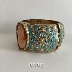 Amedeo NYC Carved Shell Cameo Cuff Hinged Bracelet Gold Tone & Blue Enamel MINT
