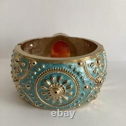 Amedeo NYC Carved Shell Cameo Cuff Hinged Bracelet Gold Tone & Blue Enamel MINT