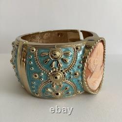 Amedeo NYC Carved Shell Cameo Cuff Hinged Bracelet Gold Tone & Blue Enamel MINT