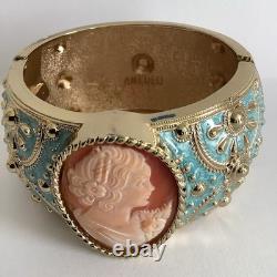 Amedeo NYC Carved Shell Cameo Cuff Hinged Bracelet Gold Tone & Blue Enamel MINT