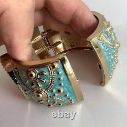 Amedeo NYC Carved Shell Cameo Cuff Hinged Bracelet Gold Tone & Blue Enamel MINT