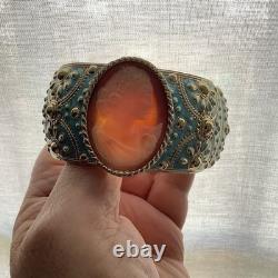 Amedeo NYC Carved Shell Cameo Cuff Hinged Bracelet Gold Tone & Blue Enamel MINT