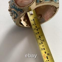 Amedeo NYC Carved Shell Cameo Cuff Hinged Bracelet Gold Tone & Blue Enamel MINT