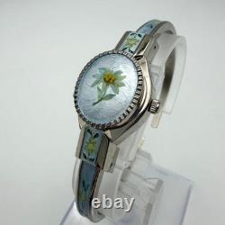 Andre Mouche Swiss Quartz Bangle Watch Blue Enamel Edelweiss Flower New Battery