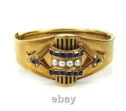 Antique 1.50ct Sapphire & Natural Pearl Blue Enamel 14K Yellow Gold Wide Bangle
