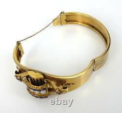 Antique 1.50ct Sapphire & Natural Pearl Blue Enamel 14K Yellow Gold Wide Bangle