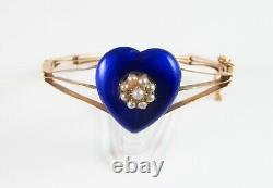 Antique 10K Gold Victorian Royal Blue Enamel Pearl Cluster Bangle Bracelet