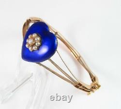 Antique 10K Gold Victorian Royal Blue Enamel Pearl Cluster Bangle Bracelet