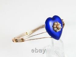 Antique 10K Gold Victorian Royal Blue Enamel Pearl Cluster Bangle Bracelet