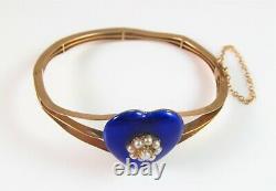 Antique 10K Gold Victorian Royal Blue Enamel Pearl Cluster Bangle Bracelet