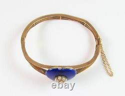 Antique 10K Gold Victorian Royal Blue Enamel Pearl Cluster Bangle Bracelet