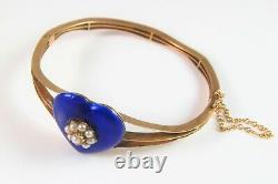 Antique 10K Gold Victorian Royal Blue Enamel Pearl Cluster Bangle Bracelet