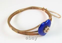 Antique 10K Gold Victorian Royal Blue Enamel Pearl Cluster Bangle Bracelet