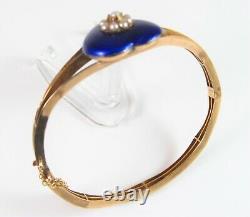 Antique 10K Gold Victorian Royal Blue Enamel Pearl Cluster Bangle Bracelet