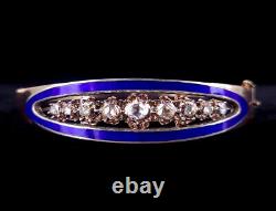 Antique 10k Gold Georgian 3ct Rose Cut Diamond Blue Enamel Bangle Bracelet 7