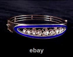 Antique 10k Gold Georgian 3ct Rose Cut Diamond Blue Enamel Bangle Bracelet 7