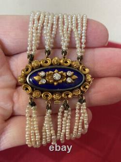 Antique 14k Gold 12-Strand Mini Pearl 7 Bracelet Blue Enamel Diamond Clasp