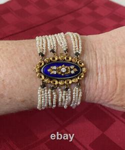 Antique 14k Gold 12-Strand Mini Pearl 7 Bracelet Blue Enamel Diamond Clasp