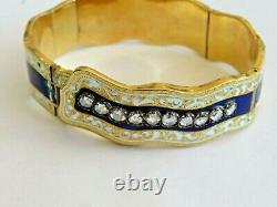 Antique 18k Gold 1880's Appr. 1.10 Ct Rough Cut Diamonds & Blue Enamel Bracelet