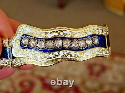 Antique 18k Gold 1880's Appr. 1.10 Ct Rough Cut Diamonds & Blue Enamel Bracelet