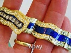 Antique 18k Gold 1880's Appr. 1.10 Ct Rough Cut Diamonds & Blue Enamel Bracelet