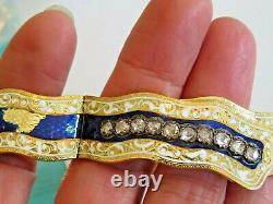 Antique 18k Gold 1880's Appr. 1.10 Ct Rough Cut Diamonds & Blue Enamel Bracelet