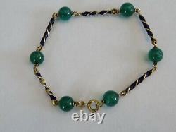 Antique 18k Gold Green Chalcedony & Blue Enamel Bracelet 7 1/4 Long Rare Find