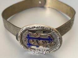 Antique 18th or early 19th French Bracelet -Engraved metal, Blue Enamel Letter L