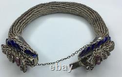 Antique 1920s Silver Chinese Export Dragon Mesh Bracelet WithStones & Blue Enamel