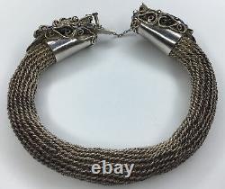 Antique 1920s Silver Chinese Export Dragon Mesh Bracelet WithStones & Blue Enamel