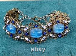Antique 7.5 Long Signed & Enamel Link Bracelet w. Cabochon Blue Glass Links