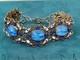 Antique 7.5 Long Signed & Enamel Link Bracelet W. Cabochon Blue Glass Links
