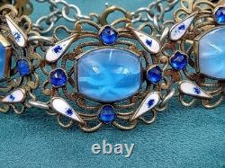 Antique 7.5 Long Signed & Enamel Link Bracelet w. Cabochon Blue Glass Links