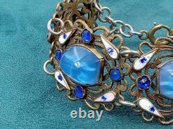Antique 7.5 Long Signed & Enamel Link Bracelet w. Cabochon Blue Glass Links