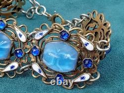Antique 7.5 Long Signed & Enamel Link Bracelet w. Cabochon Blue Glass Links