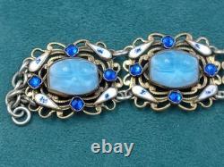 Antique 7.5 Long Signed & Enamel Link Bracelet w. Cabochon Blue Glass Links