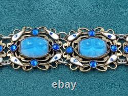 Antique 7.5 Long Signed & Enamel Link Bracelet w. Cabochon Blue Glass Links
