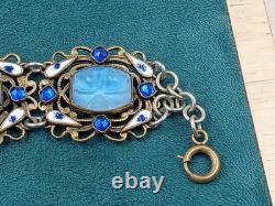 Antique 7.5 Long Signed & Enamel Link Bracelet w. Cabochon Blue Glass Links