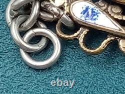 Antique 7.5 Long Signed & Enamel Link Bracelet w. Cabochon Blue Glass Links