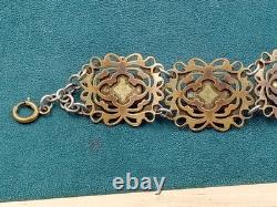 Antique 7.5 Long Signed & Enamel Link Bracelet w. Cabochon Blue Glass Links