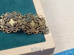 Antique 7.5 Long Signed & Enamel Link Bracelet w. Cabochon Blue Glass Links