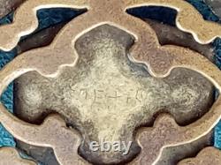 Antique 7.5 Long Signed & Enamel Link Bracelet w. Cabochon Blue Glass Links