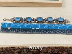 Antique 7.5 Long Signed & Enamel Link Bracelet w. Cabochon Blue Glass Links