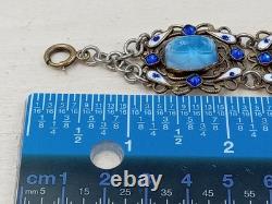 Antique 7.5 Long Signed & Enamel Link Bracelet w. Cabochon Blue Glass Links