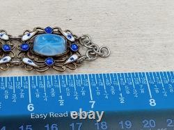 Antique 7.5 Long Signed & Enamel Link Bracelet w. Cabochon Blue Glass Links