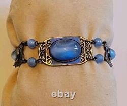 Antique Art Deco Blue Enamel Czech Cat Eye Glass Bracelet