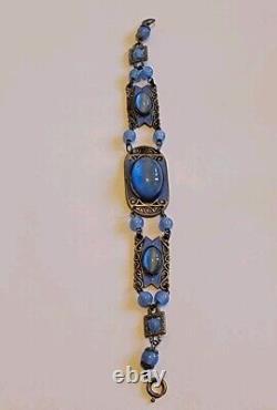 Antique Art Deco Blue Enamel Czech Cat Eye Glass Bracelet